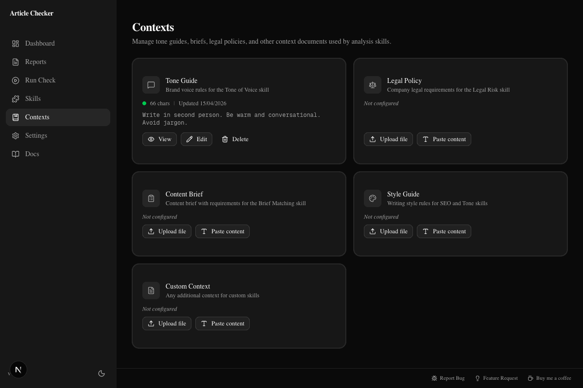 CheckApp Contexts page with cards for Tone Guide, Legal Policy, Content Brief, and Style Guide