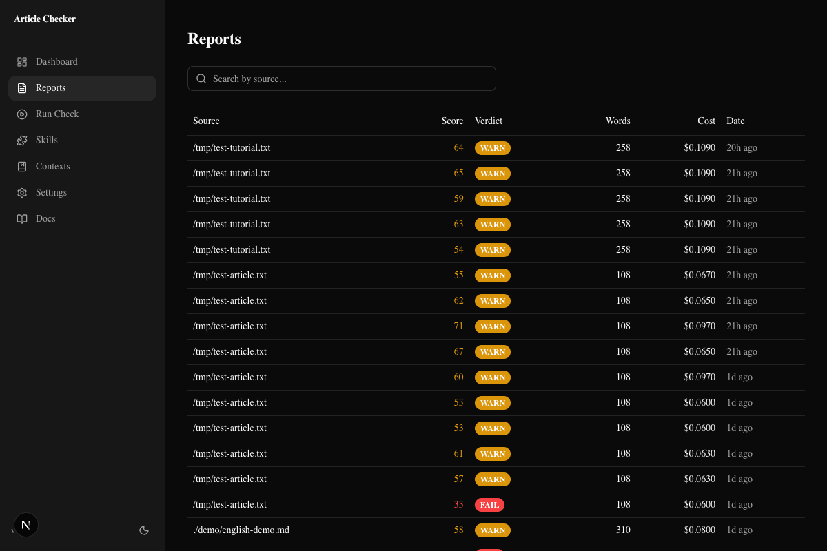 CheckApp Reports page showing a list of check results with scores and verdicts