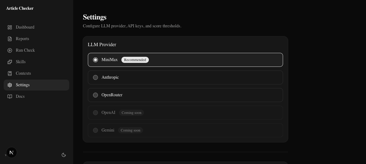 CheckApp Settings page with LLM provider selection