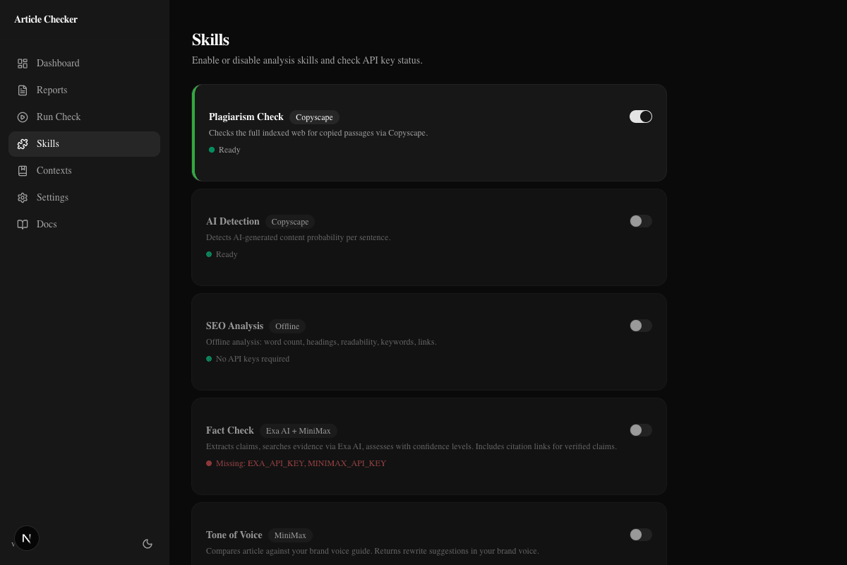 CheckApp Skills page with toggle switches for each of the 9 analysis skills